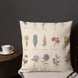BEIGE BOTANICAL VINTAGE Print Labeled Flowers Premium Pillow, Floral Cottagecore