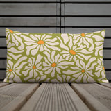 RETRO 70s Midcentury Green White Orange DAISY Premium PILLOW, Hippie Boho Floral