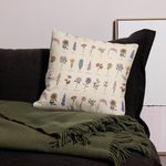 BEIGE BOTANICAL VINTAGE Print Labeled Flowers Premium Pillow, Floral Cottagecore