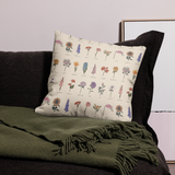 BEIGE BOTANICAL VINTAGE Print Labeled Flowers Premium Pillow, Floral Cottagecore