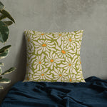 RETRO 70s Midcentury Green White Orange DAISY Premium PILLOW, Hippie Boho Floral