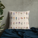 BEIGE BOTANICAL VINTAGE Print Labeled Flowers Premium Pillow, Floral Cottagecore