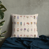 BEIGE BOTANICAL VINTAGE Print Labeled Flowers Premium Pillow, Floral Cottagecore