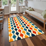 Blue and orange wavy pattern area rug 3x5 ft on a wood floor in front of a sofa near a glass door