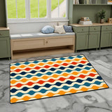 Blue and orange wavy pattern area rug 3x5 ft on gray marble flooring by a window bench and green cabinets