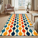 Blue and orange wavy pattern area rug 3x5 ft in a bright room beside a floral armchair and side table