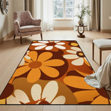 Brown orange daisy pattern area rug 3x5 ft in a bright room beside a floral armchair and side table