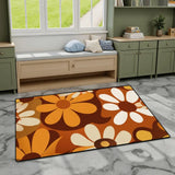 Brown orange daisy pattern area rug 3x5 ft on gray marble flooring by a window bench and green cabinets