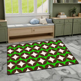 Green and brown geometric area rug 3x5 ft on gray marble flooring by a window bench and green cabinets