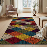 Burgundy navy yellow diamond pattern area rug 3x5 ft in a bright room beside a floral armchair and side table