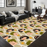 Living room with a black leather sofa and a 4x6 ft area rug with a beige retro face pattern