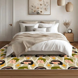 Bedroom with white bedding and a 4x6 ft area rug with a beige face pattern at the bed
