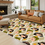 Brown leather sofa by a fireplace with a 4x6 ft area rug in a beige retro face pattern