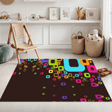 3x5 ft area rug, dark brown with colorful rounded squares, in a room with a wicker chair and baskets