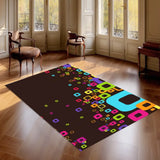 Colorful rounded square pattern on a 3x5 ft area rug on a wood floor by tall windows