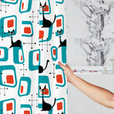 Atomic Cat Retro Shower Curtain - 60s Midcentury Style Bathroom - retro bathroom