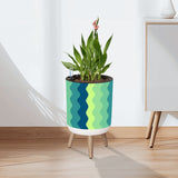 70s Midcentury Scandi Style Plant Pot with Wooden Legs, Wavy Blue Green