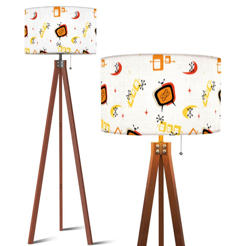 1960s Atomic Tripod Floor Lamp, Mid Century Cocktail Pattern Linen Shade
