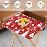 Red Christmas Trees retro TV tray set of 4, tabletop close-up with fruit bowl