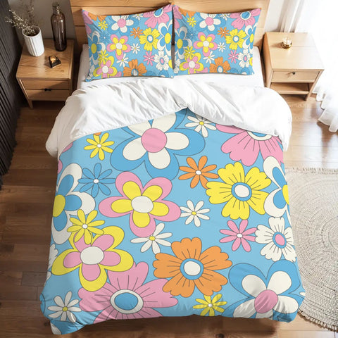 Retro 70s Flower Pattern Comforter Set: Pastel Colors Queen Size Bedding