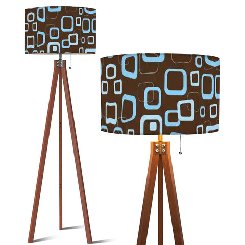 Retro 60s Scandi Tripod Floor Lamp: Brown Blue Pattern Shade, Smart LED Remote