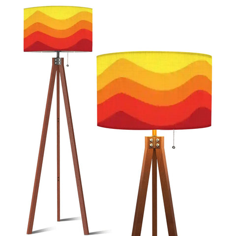 Retro Midcentury Floor Lamp Yellow Orange Red – Tripod Wood Base Linen Shade