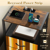 Retro 70s Striped Bedside Cabinet with Integrated Power Access