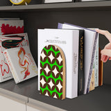 Green Diamond Wave retro wooden bookend on a dark shelf with books