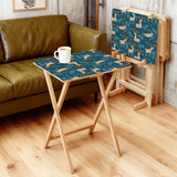 Teal Deer Forest retro TV tray set of 4, in a living room beside an olive sofa