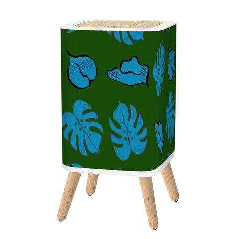 Retro 70s  Square Small Trash Can with Lid, Dark Green with Blue Leaves