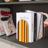 Brown Stripe retro wooden bookend on a dark shelf with books