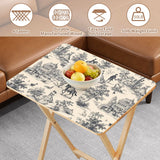 Black Toile de Jouy retro TV tray set of 4, tabletop close-up with fruit bowl