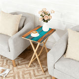 Teal Wood Grain retro TV tray set of 4, next to a grey sofa with flowers