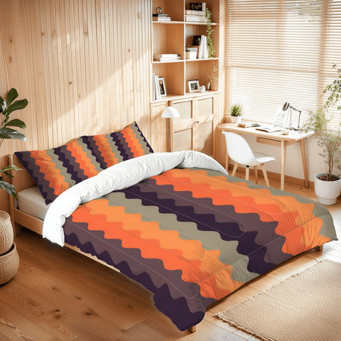 70s Retro Brown Orange Comforter Set: Queen Size Midcentury Microfiber Bedding