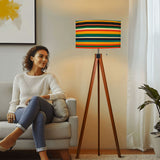 Striped 70s Retro Tripod Floor Lamp: Midcentury Linen Shade, Wooden Base