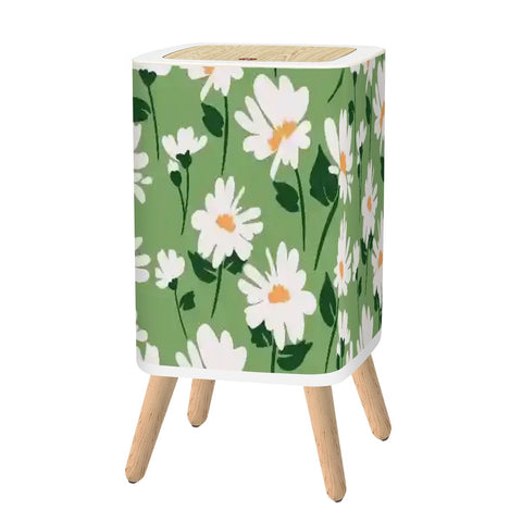 Cottagecore Square Small Trash Can with Lid, Chamomile Flowers Green White