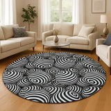 Black White Retro 80s Round Chenille Rug Monochrome Vintage Style Accent - 60’’ × 60’’ - retro rug