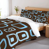 Blue Brown Retro Double Duvet Cover Set: Full Size Midcentury Bedding - retro bedding
