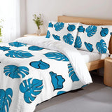 Blue Monstera Leaf Duvet Cover Set: 70s Retro Full Size Microfiber Bedding - retro bedding