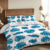 Blue Monstera Leaf Duvet Cover Set: 70s Retro Full Size Microfiber Bedding - retro bedding
