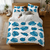 Blue Monstera Leaf Duvet Cover Set: 70s Retro Full Size Microfiber Bedding - retro bedding
