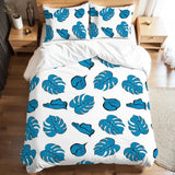 Blue Monstera Leaf Duvet Cover Set: 70s Retro Full Size Microfiber Bedding - retro bedding
