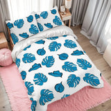 Blue Monstera Leaf Duvet Cover Set: 70s Retro Full Size Microfiber Bedding - retro bedding