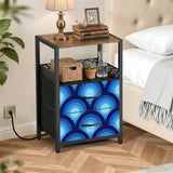 Blue Retro 70s Peacock Eyes Bedside Table with Charging Station - retro bedside table