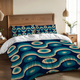 Blue Retro 70s Wave Pattern Duvet Cover Set: Midcentury Modern Bedding - Bedding - retro