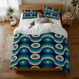 Blue Retro 70s Wave Pattern Duvet Cover Set: Midcentury Modern Bedding - Bedding - retro