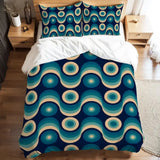 Blue Retro 70s Wave Pattern Duvet Cover Set: Midcentury Modern Bedding - Bedding - retro