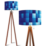 Blue Tones Ombrè Squares Retro Tripod Floor Lamp - Nordic Wooden Light - US Plug - retro floor lamps