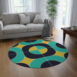 Bold 60s Retro Round Chenille Rug Geometric Accent Black Turquoise Mustard - 60’’ × 60’’ - retro rug