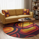 Bright 70s RETRO ROUND RUG Boho Hippie Orange Burgundy Midcentury Accent Rug - 60’’ × 60’’ - retro ads